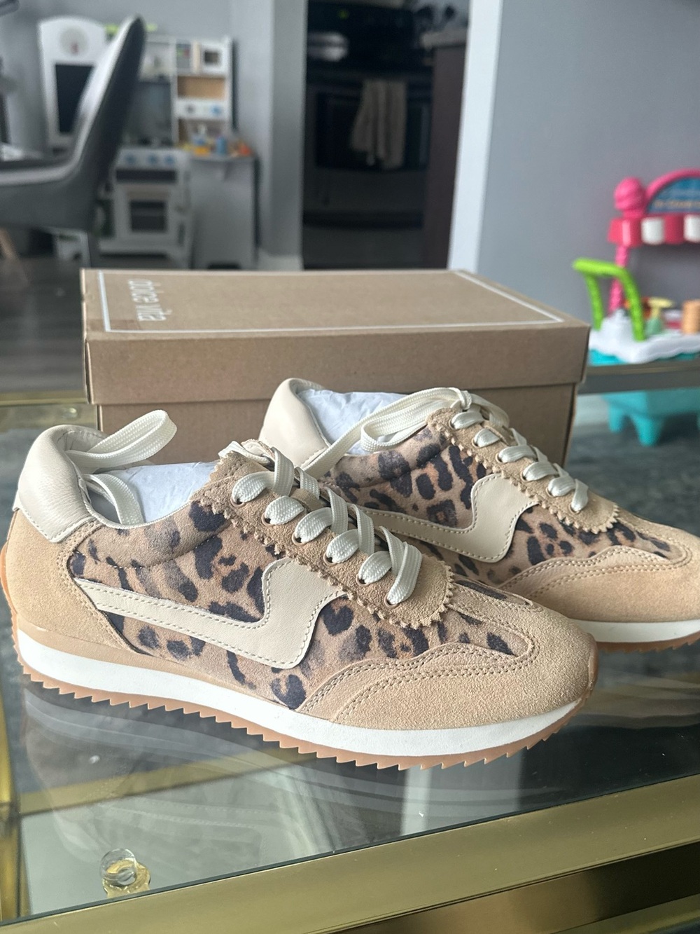 Dolce Vita Beige Leopard-Print Lace-Up Sneakers
